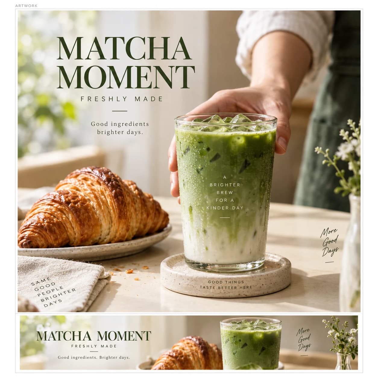 Photorealistic matcha and croissant advertising artwork.