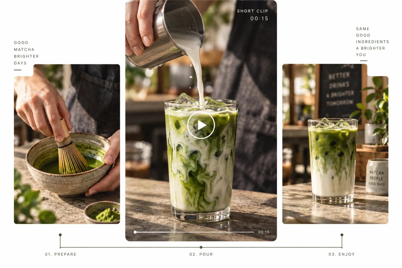 Short-clip stills showing hands preparing matcha and pouring milk.